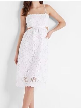 Express White Lace Midi Dress with Cutout Waist